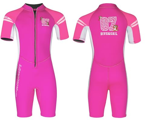 Rosa,XXL,Muta Shorty in Neoprene 2,5 mm per Bambini e Bambine, Muta Intera a Maniche Corte con Zip Frontale, Costume Termico con Protezione Solare UPF 50+ per Nuoto