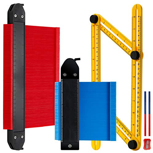 Contour Gauge Duplicator with Lock, Extra Wide Plastic Outline Profile Shape Contour Duplications Gauge Tool 5 & 10, 2 Pack Widen Guage with Angle Layout Measuring Ruler, Pencil, Pencil Sharpener