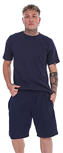 Malay Mens Cotton Pyjama Short Set Jersey Round Neck Top Fleece Zipped Pockets Short Navy