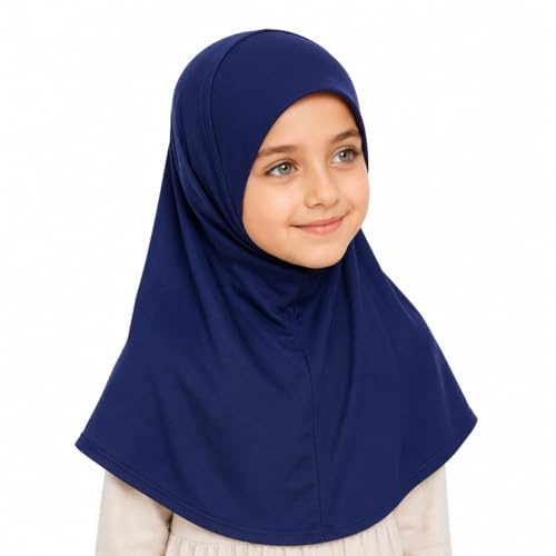 Yaqeen Girls instant headscarf hijab plain al Amira age 5-11, readymade pull on scarf, ideal for any occassion school/nursery (Navy)