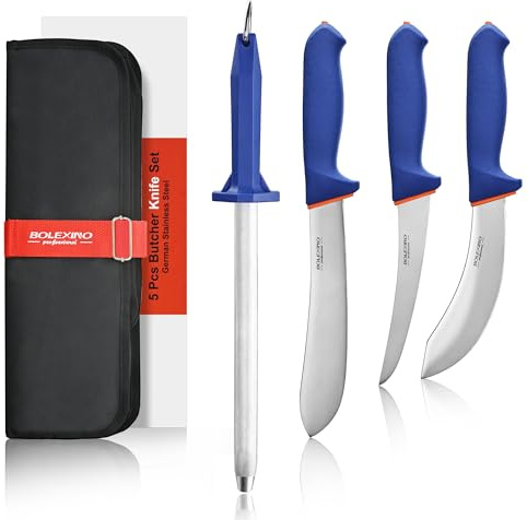 5 PCS Professional Butcher Knife Set W/Non-slip Softgrip, incl. 8 Butcher, 6 Skinning, 6 Boning Knife For Meat Cutting, 10 Knife Sharpener Rod & Knife Roll Bag, X50CrMoV15 Stainless Steel