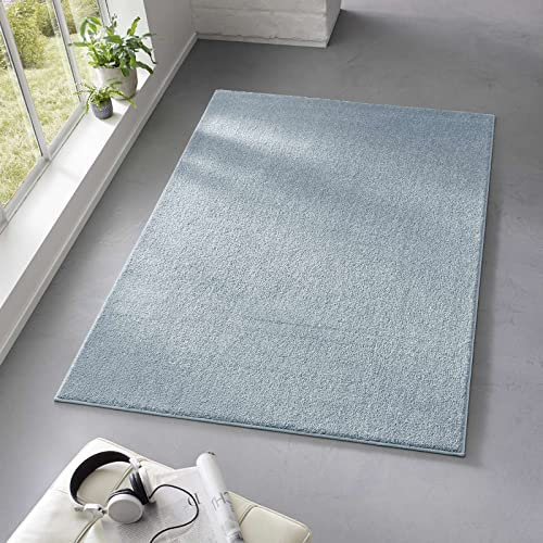 Taracarpet Teppich Kurzflor weicher Designer Uni Bodenbelag Madrid fürs Wohnzimmer, Kinderzimmer, Schlafzimmer und die Küche geeignet Hell-Blau 080x250 cm