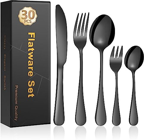 Cinnani Set Posate Nere per 6 persone, 30 pezzi Posate in Acciaio Inox, Moderne Servizio di Posate Nere, Set di Posate con Coltelli, Forchette, Cucchiai, Lavabili in Lavastoviglie