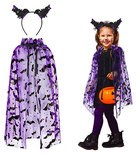 Costume Chauve Souris Enfant 2 Pièces, Cape en Tulle Chauve Souris Violette et Serre Tete Halloween de Chauve Souris, Cape Déguisement Chauve Souris Enfant pour Fête de Cosplay Carnaval Halloween