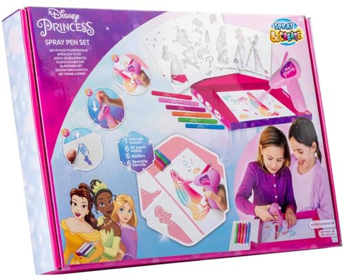 Disney Princess Spray Pen Set - Battery-Operated Airbrush Pens & Stencil Set, 19-Piece with Felt Tip Markers, Templates - Creative Arts & Crafts Colouring Kit for Children 4+ - Disney-Themed Fun