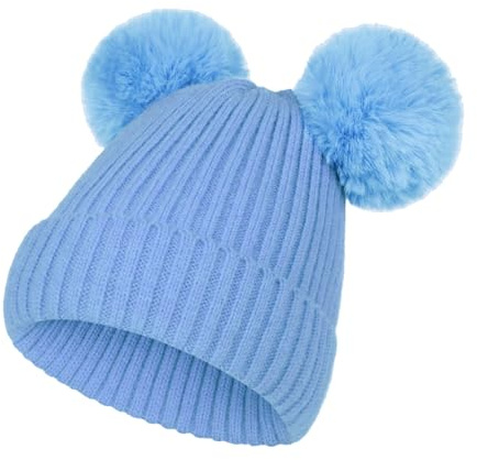 NATUST Kids Double Pom Beanie Girls Winter Knitted Hat with Double Removable Faux Fur Pom Poms Blue 2-12 Years