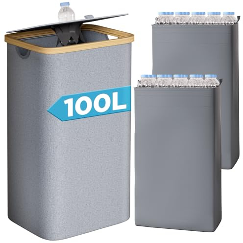 Yorbay 100L Contenitore per Bottiglie con Coperchio e 2 Tasche Interne, Organizer per Bottiglie con Struttura in Bambù per 30-45 Bottiglie Vuote, Ideale per Cucina e Stoccaggio, Grigio