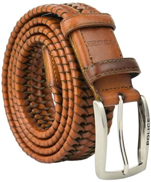 Police Cintura Intrecciata Elastica In Vera Pelle da Uomo, Confortevole, Alta 3,5 cm, Con Scatola