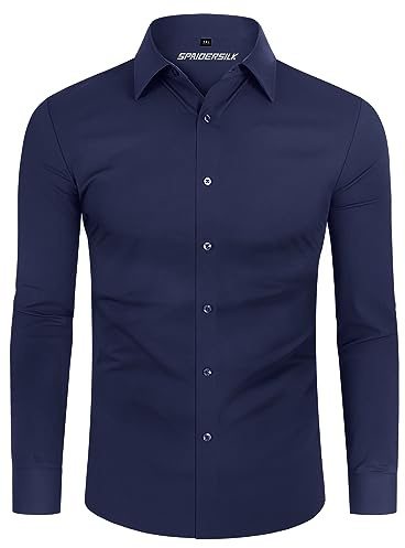DEMEANOR Camisa de hombre de manga larga, elástica, ajustada, para el tiempo libre, para negocios, no necesita planchado, azul marino, M