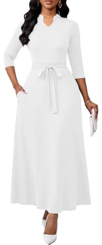 BubFee White Church Dresses for Women Semi Formal Long Dress Elegant 3/4 Sleeve Casual A-line Maxi Dress with Belt Large