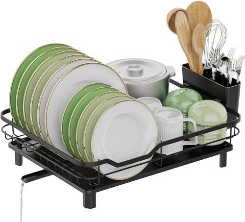 Rottogoon Dish Drainer Rack Black Space-Saving with Drip Tray Sink Dish Drainer with Drainage Spout Stainless Steel Dish Drying Rack with Cups Utensil & Cutting Board Holders for Kitchen Counter