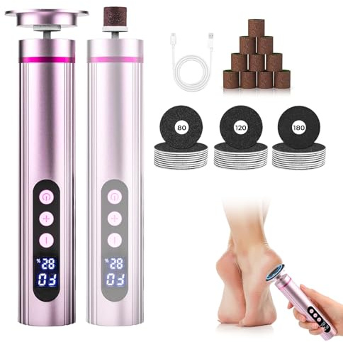 2 in 1 Lima Elettrica per Piedi, Pedicure Elettrico Professionale Piedi Lima Regolabile con 60 Dischi Vetrati, Rimuovi Calli Piedi Elettrico per Pedicure uomo e Donna (Rosa)