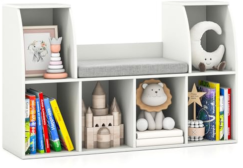 HONEY JOY Kids Bookshelf with Reading Nook, Toy Storage Organizer w/Seat Cushion, 6 Cubbies, Kids Display Bookcase w/Bench, Toy Chest and Storage Cabinet for Playroom, Bedroom, Nursery