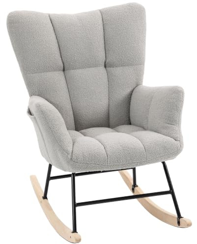 HOMCOM Rocking Chair with Side Pockets, Wingback Rocker Chair, Light Grey | Tufted Design, Teddy Fleece Upholstered, Rubber Wood Legs, for Living Room, Bedroom