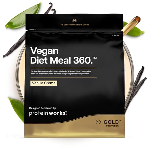 Protein Works | Vegan Diet Meal 360 – GOLD Innovation, Protéines Vegan, Shake Sostitutif Repas Dietétique, Supporte Perte de Poids, Faible Sucre, Riche en Fibres, Crème Vanille, 30 Repas, 2kg