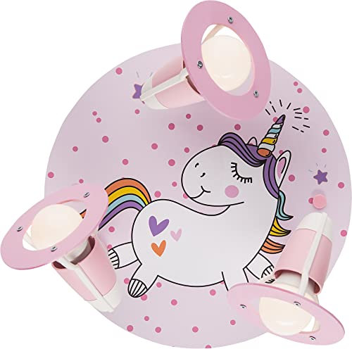 Deckenleuchte Einhorn Kinderzimmer, rosa Kinderlampe 3-flammig E14, Mädchenzimmer, für LED geeignet