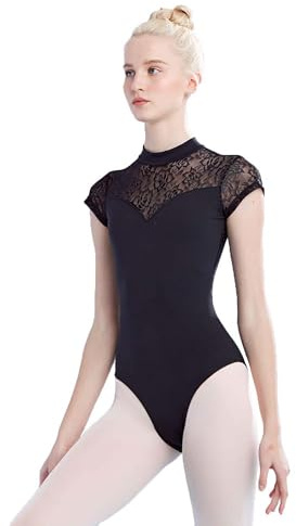Daydance Girls Women Dance Leotards Lace Turtleneck Ballet Bodysuit Cap Sleeve, Black-turtleneck, Medium