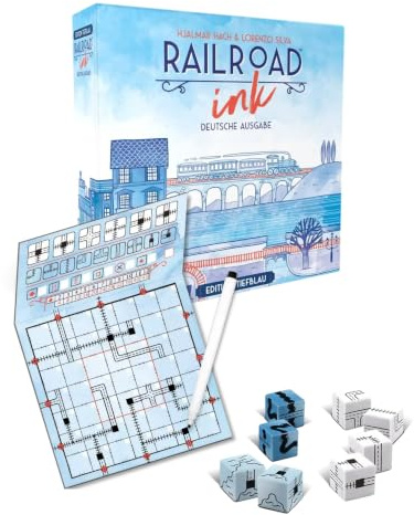 Horrible Guild Railroad Ink: Edition djupblått – temaatiskt Roll & Write brädspel i järnvägstrafik – taktiskt tärningsspel kan kombineras med förlängningar – tyska – 1–6 spelare – från 8 år