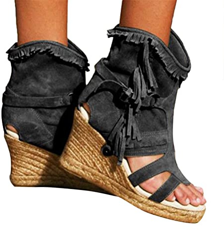 Minetom Sandalias con Borlas para Mujer Tacón De Cuña Sandalias Romanas De Gladiador Bohemio Sandalias De Verano Botines Zapatos De Playa A Negro 37 EU