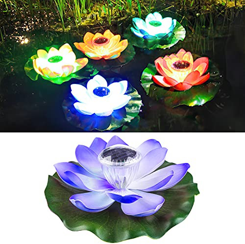 Schwimmende Solarleuchten Lotusblüte Solar Lotus Lila Led Teich Schwimmlichter Teichpflanzen Blume Dekor, Teichlichter Solar Teichbeleuchtung Künstliche Lotus Seerose Licht für Garten Hof Schwimmbäder