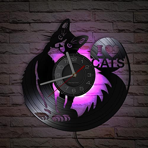 Smotly Vinyl Wanduhr Mit Niedlicher Katze Thema und LED Nachtlichtfunktion - Geschenk für Tierliebhaber (Mit Licht)