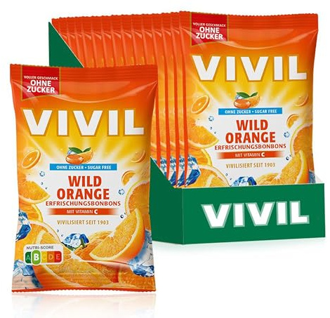 VIVIL Wild Orange mit Vitamin C, 15 Beutel, Erfrischungsbonbons mit Orangegeschmack, zuckerfrei & vegan, 15 x 120g