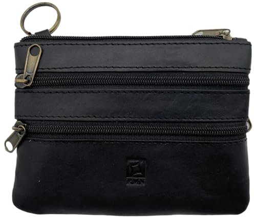 Blanck Monedero Tarjetero Piel Unisex Negro. 4 Cremalleras. Piel Genuina Cuero. Llavero Interior con Anilla. Medidas 12 x 9 x 1,5 cm y Peso 32 gr. para Bolso o Bolsillo. Diseñado en España.