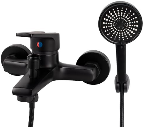 Miscelatore Vasca da Bagno a Parete in Ottone con 5 Modalità, Rubinetto Doccia Nero per Doccia e Bagno