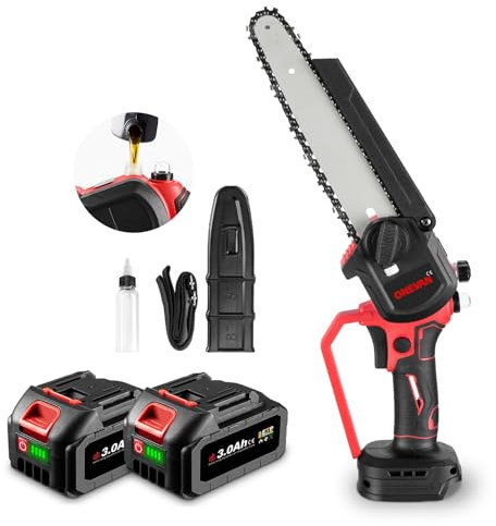 ONEVAN Mini Kettensäge mit Akku 3.0Ah x 2, 20cm 8 Zoll Handkettensäge Bürstenlose Elektro Kettensäge Einhand Akku Motorsäge für Gartenscheren Holzschneidenz