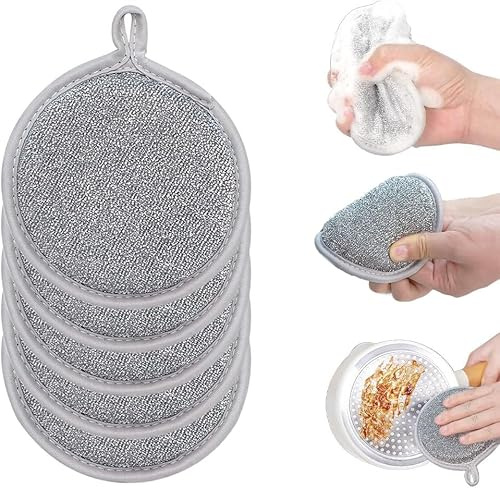 Trapo Redondo Multiusos para lavavajillas, paños de Alambre para Cocina, fregado de Alambre Plateado de Doble Cara, Esponja de Limpieza de Alambre de Alta Elasticidad, Espuma Rica (5pcs)