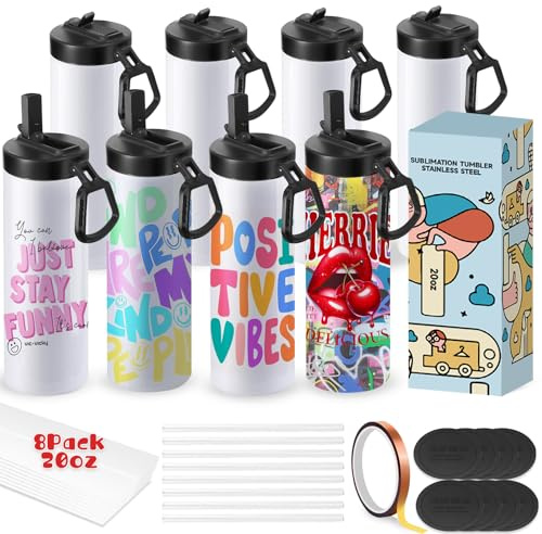 Cafultgo Pack Sublimation Tumblers Blanks Cups Water Bottle 20 OZ White Straight Stainless Steel Tumbler with Metal Straw and Lid for Tumbler Heat Press Machine Sublimation Print (8PCS)