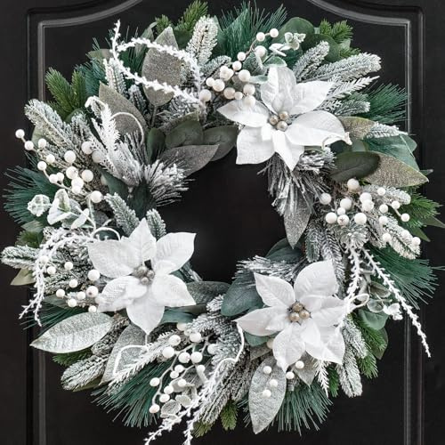Winter Wreaths for Front Door 24 Inch Outdoor Christmas Wreath Artificial Winter Door Wreath with White Christmas Flowers,Snowy Eucalyptus and White Berry for Farmhouse Home Wall Door Decor