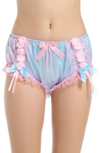 Women Satin Flowers Lace Sissy French Knickers Briefs Panties Underwear (Medium) Blue