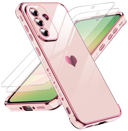 LeYi Funda para Samsung Galaxy A56/A 56 5G 5 G, Silicona Carcasa con 2pcs Cristal Templado, Corazón Amor Mujer Estuche Protector Galvanizado Suave TPU Bumper Resistente Antigolpes Móvil Case, Rosa