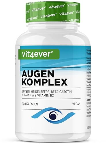 Complesso Vitaminico per gli Occhi - 180 capsule per 6 mesi con Luteina, Zeaxantina, Estratto di Mirtillo, Beta-Carotene, Vitamina A e Vitamina B2 - Vegano, alto dosaggio, senza additivi inutili