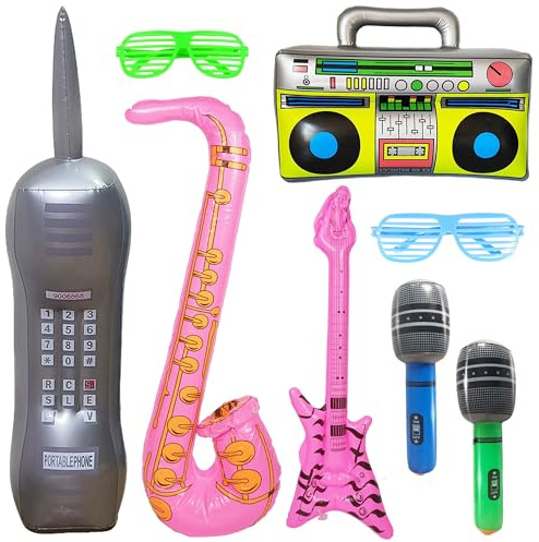 Lot de 8 ballons gonflables pour fête - Accessoires d'instruments de musique gonflables - Microphone - Basses - Radio - Téléphone - Rock Star Toy - Lunettes pour enfants et adultes - Concert - Danse