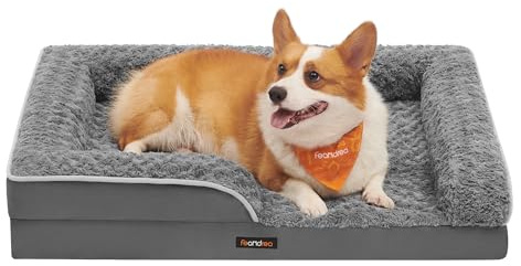 Feandrea Orthopädisches Hundebett für mittelgroße Hunde, wasserdichtes Hundesofa mit abnehmbarem Plüsch-Bezug, 91 x 68 x 16 cm, schiefergrau PGW252G02