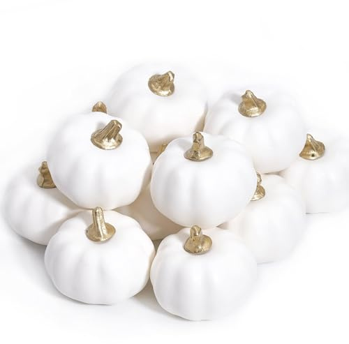 Cuicany 12 Pezzi Artificiali Zucche Decorative Autunnali, Zucche Halloween Bianche per Feste Decorazioni, Zucca Artificiali Decorazione, Bianco Zucca Caduta Autunno Halloween Natale Decorazione