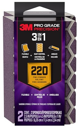 3M Pro Grade Precision 3-in-1 Sanding Sponge, 220 Grit Fine, 2 Sponges, Washable & Reusable, for Wood, Metal, Drywall, and Paint Prep – Flexible Foam, Contoured, Angled, Flat