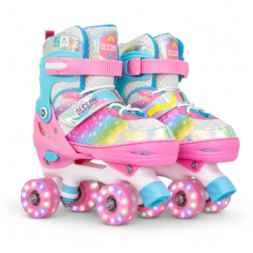 Patines 4 Ruedas Niños con Luces OLSSON Blossom - Talla Ajustable (28-35) Mediante botón - Rodamientos ABEC 7 de Carbono - Chasis Resistente - Sujeción Regulable Velcro