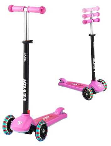 VEVOR Patinete 3 Ruedas, para Niños de 3 Años en Adelante, Ruedas Iluminadas, Manillar de Altura Ajustable, Base Antideslizante y Cuadro de Aluminio Ligero, hasta 75 kg, Rosa, 520 x 250 x 800 mm