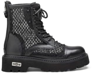 Cult Stivali Combat Donna con Borchie, Nero, Pelle Sintetica, Suola Carrarmato, Chiusura con Lacci e Cerniera, Taglia 37, Stile Rock Militare