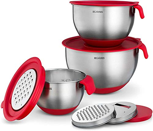 Belwares Stainless Steel Mixing Bowls with Lids - Nesting Bowls with Graters, Handle, Pour Spout, Airtight Lids - Non-Slip Mixing Bowl Set for Cooking, Baking, Prepping, Food Storage (Set of 3)