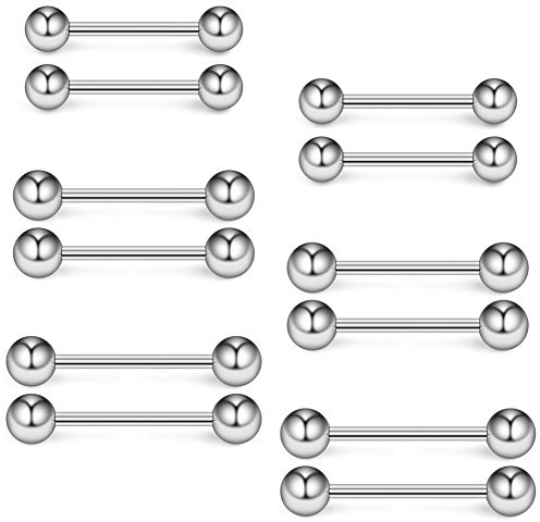 Ruifan 12PCS 14G Surgical Steel Shiny Ball Nipple Tongue Shield Ring Barbell Body Piercing Jewelry Retainer 12mm 14mm 16mm - Silver