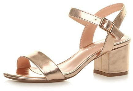 Ajvani Women Ladies Low Block Heel peep Toe Ankle Strap Strappy Party Sandals - Rose Gold Metallic - 7 UK