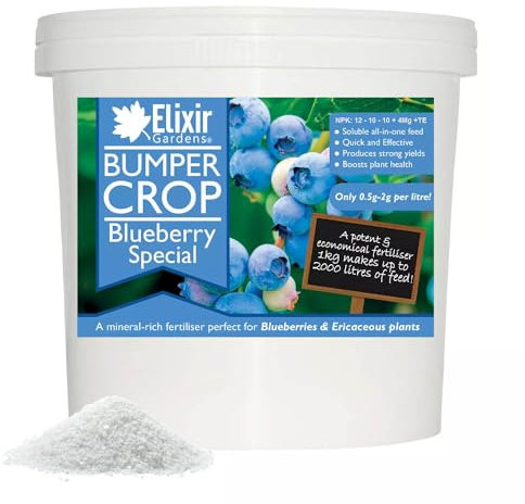 Elixir Gardens Blueberry Special Fertilizer/Food | Soluble Ericaceous Plant Feed for Acid-Loving Fruits & Flowers | 1kg - 20kg Sizes in Bags or Tubs | NPK: 12-10-10+4 | 1kg Resealable Tub