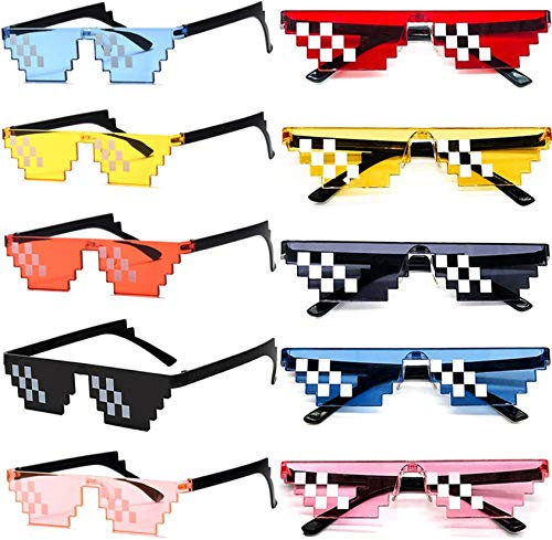 FSMILING 10 Pack Thug Life Brille, Pixel Mosaik Gamer Mlg Party Sonnenbrille,Coole 8 Bit Pixelated Lustige Brillen Für Erwachsene,Mixen