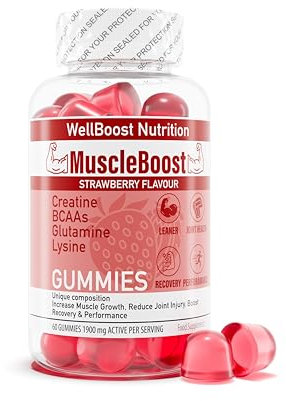 MuscleBoost Gummies – Creatine, BCAAs, Glutamine & Lysine – Muscle Growth, Recovery & Endurance Support – Vegan, Sugar-Free, Strawberry Flavour – 60 Chewable Gummies for Adults
