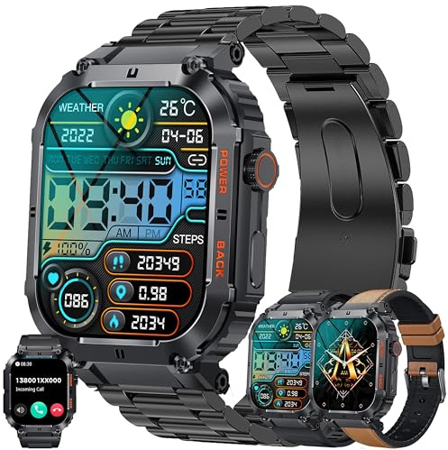 1,96 tum AMOLED smart klocka för män med Bluetooth 5.2-samtal, Smartwatch, kompatibel med Samsung Huawei Xiaomi Android, iOS, stegräknare, gPS, delad klocka, 123, sportklocka, pulsmätare (svart)