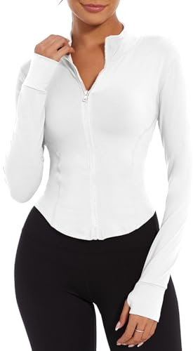 Yutdeng Giacca Sportiva Giacca da Corsa da Donna con Zip a Maniche Lunghe Fitness Traspirante Leggera Giacca Running Donna Felpa da Yoga Palestra Slim Fit con Fori per i Pollici,Bianco,S